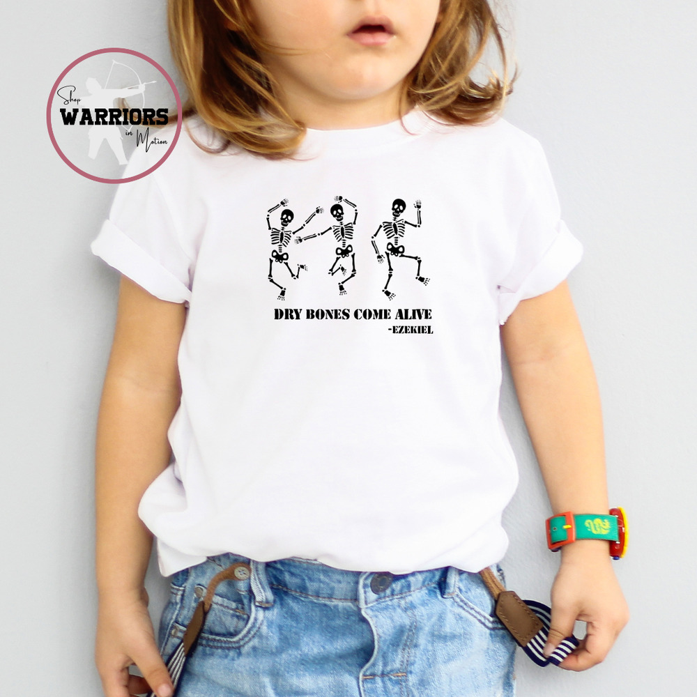 Gildan Boy Shirt  Unisex White Tee Cotton, Dry Bones come alive Skeleton